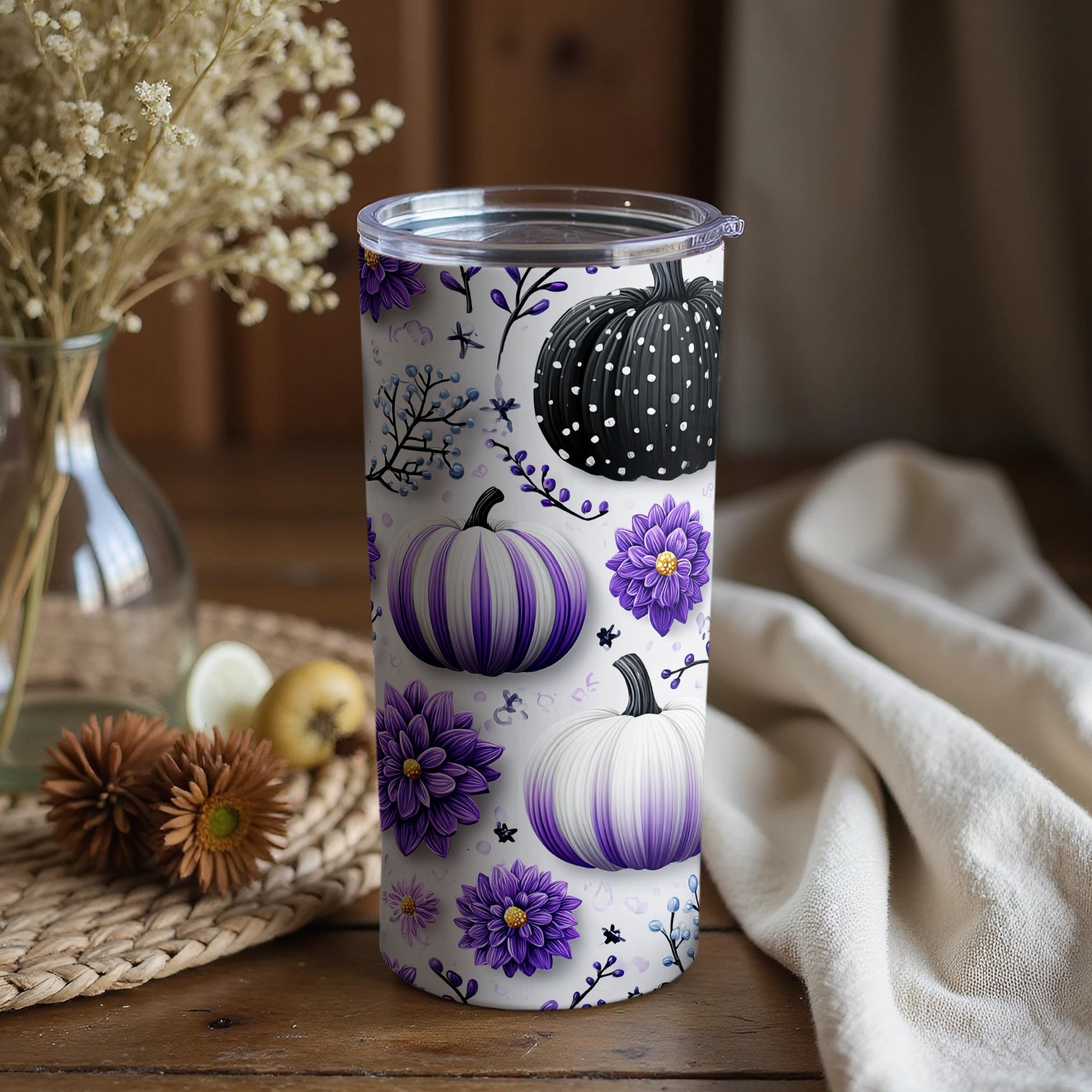 Purple Pumpkin Tumbler with Floral Decor 20 oz