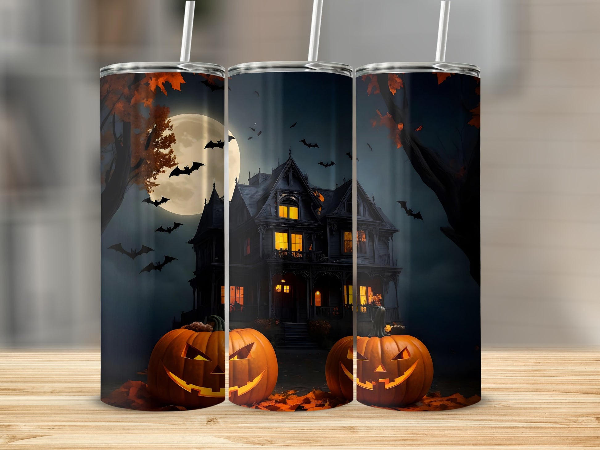 Spooky Haunted House with Bats and Pumpkins Tumbler