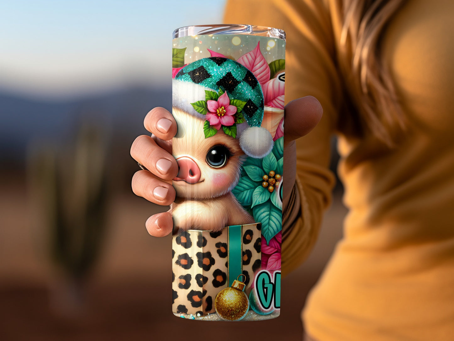 Cute Christmas Piglet and Leopard Print Tumbler