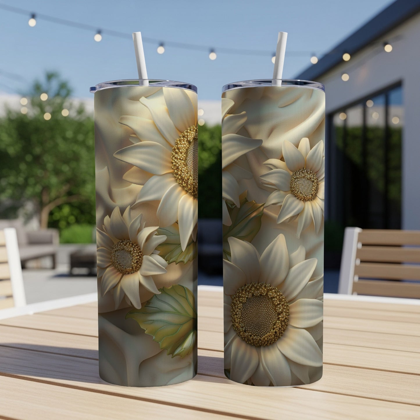 Two tall tumblers with a floral sunflower design sit on a table.