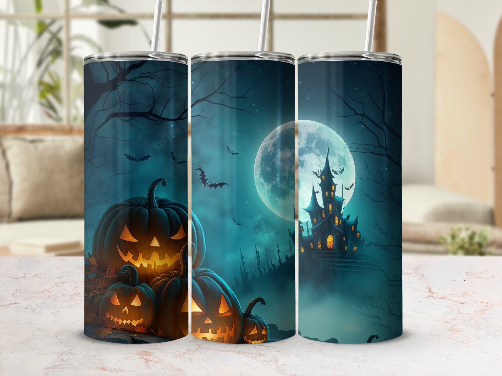 Spooky Halloween Pumpkin and Haunted House Tumbler Product