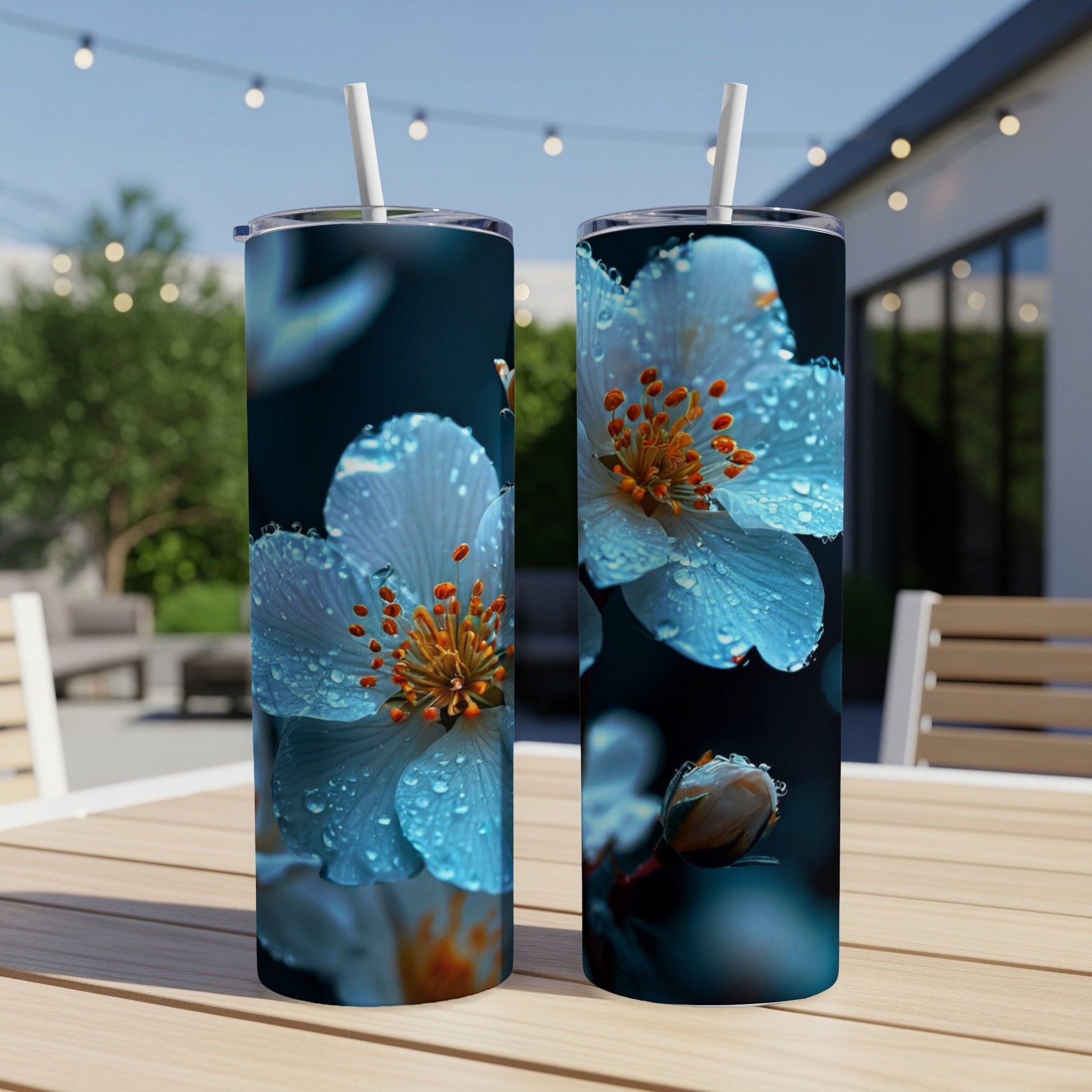 Two tumblers displaying a close-up of a dew-kissed blue flower.