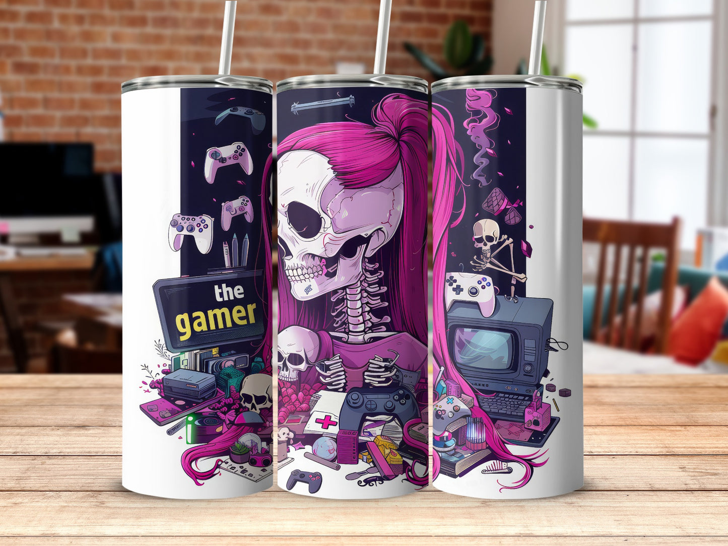 Gamer Skeleton with Pink Hair Tumbler Design