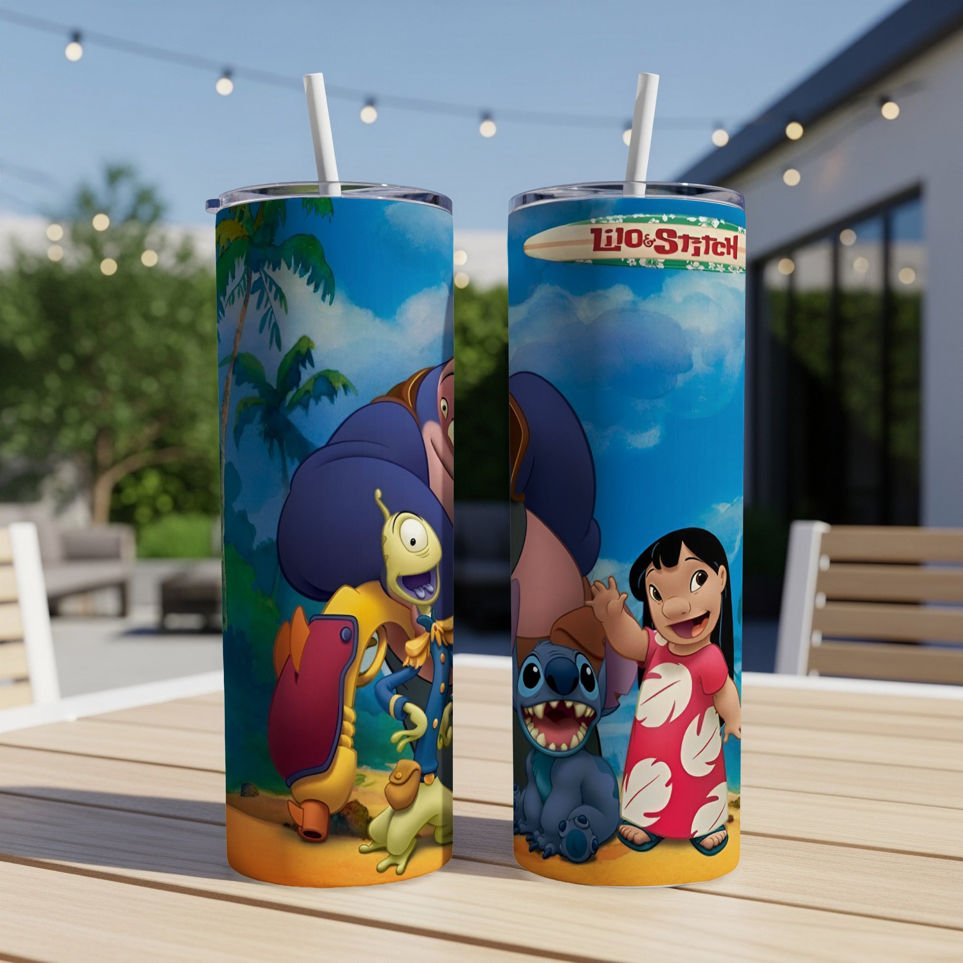 Lilo & Stitch characters on a blue background with palm trees and a surfboard.