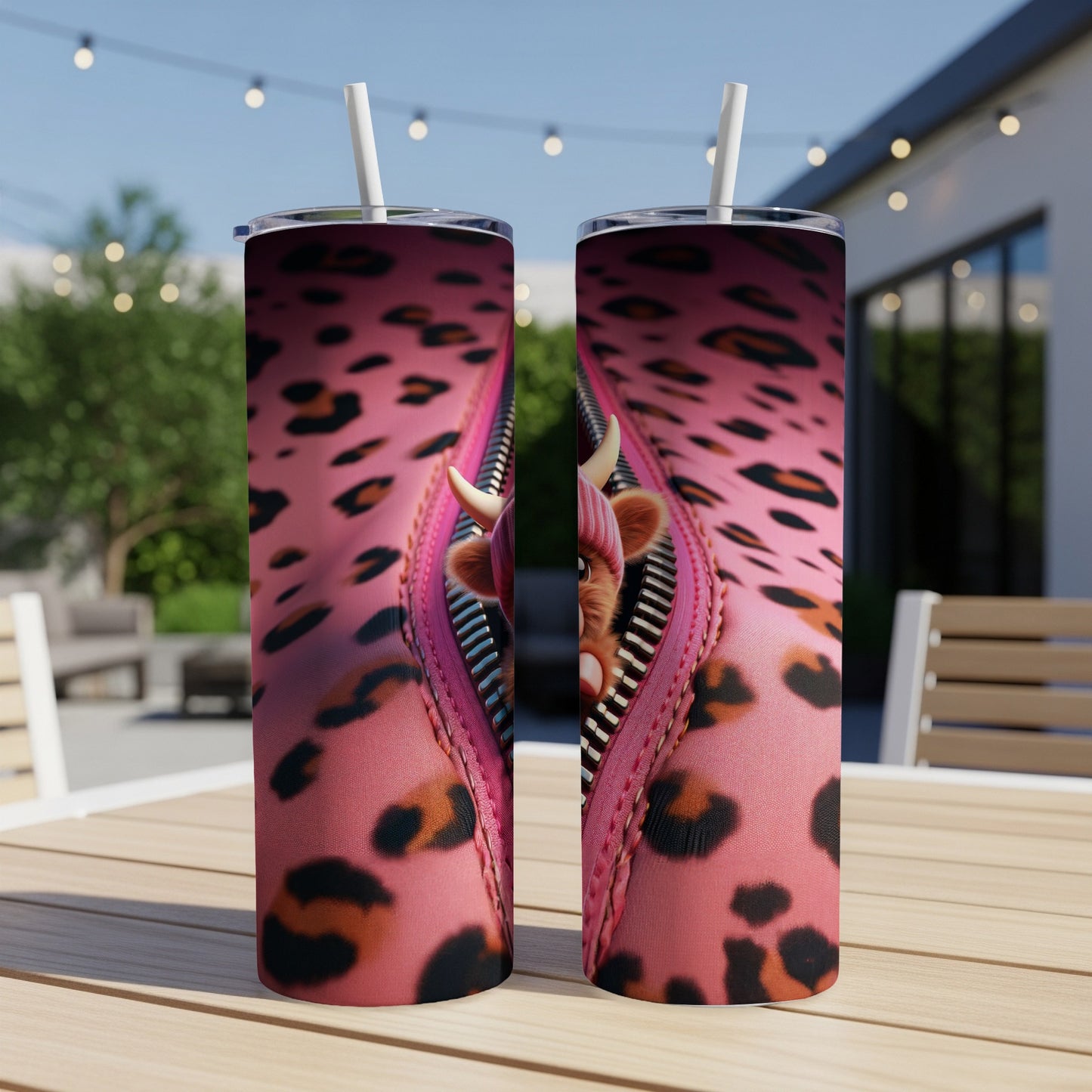 Pink leopard print tumbler with cow peeking from zipper.