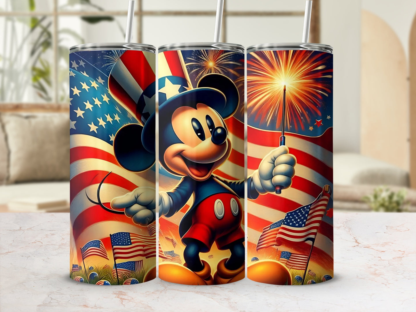 Patriotic Mouse Character with Fireworks Tumbler Wrap