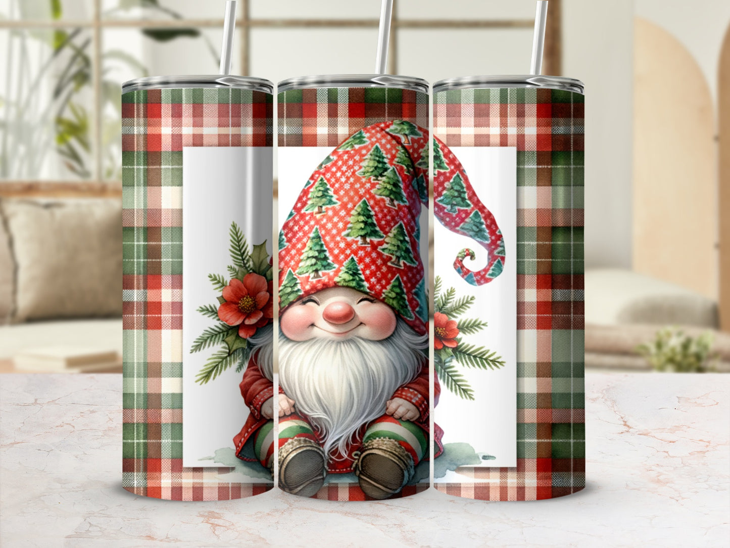 Plaid pattern tumbler featuring a smiling gnome with a Christmas tree hat.