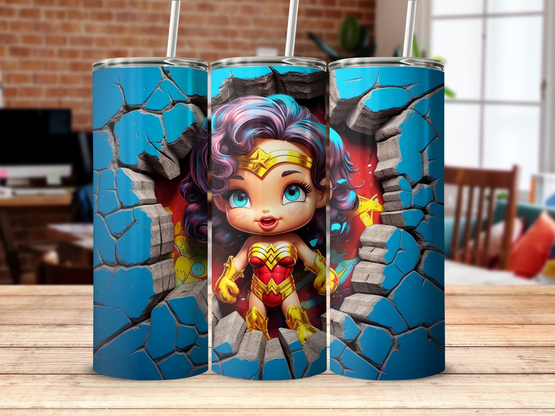 Cute Chibi Superhero Cracking Through Blue Wall Tumbler