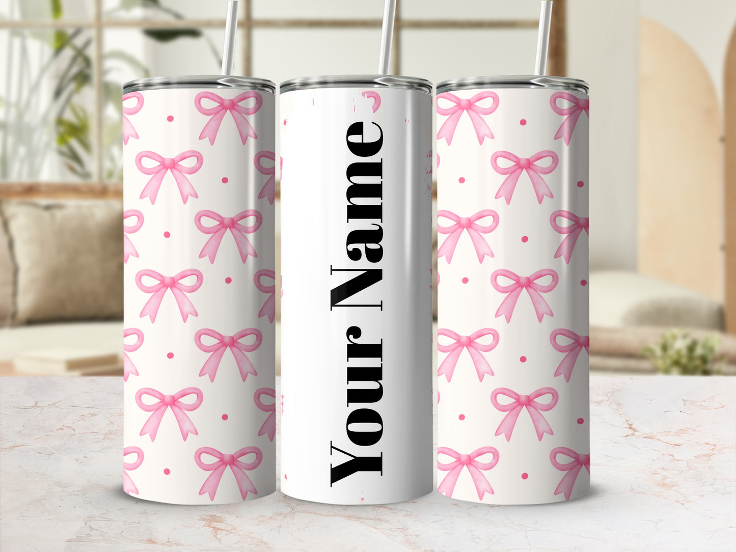 Personalized Pink Bow Design Insulated Tumbler Cup