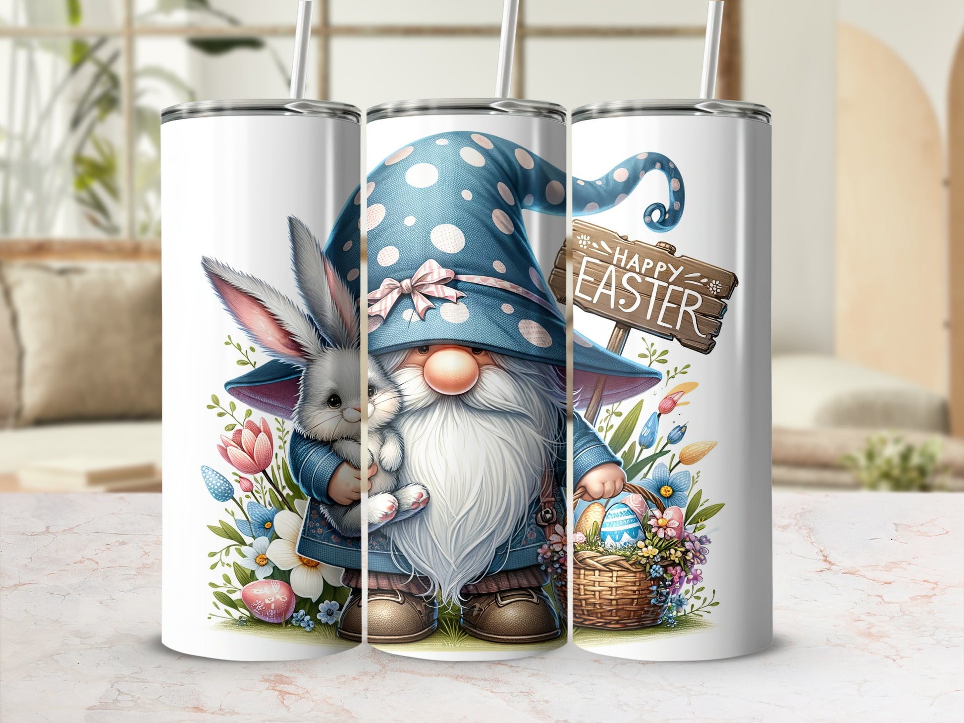 Gnome with bunny and Easter basket, "Happy Easter" sign.