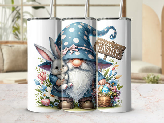 Gnome with bunny and Easter basket, "Happy Easter" sign.