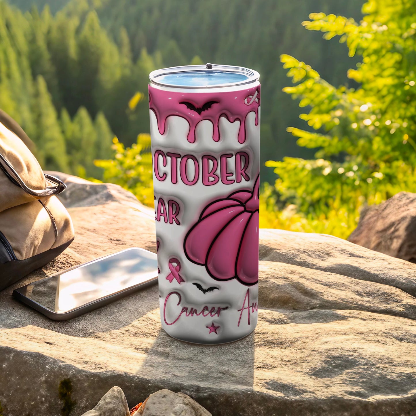 Pink pumpkin and "October Breast Cancer Awareness" text on a white tumbler.