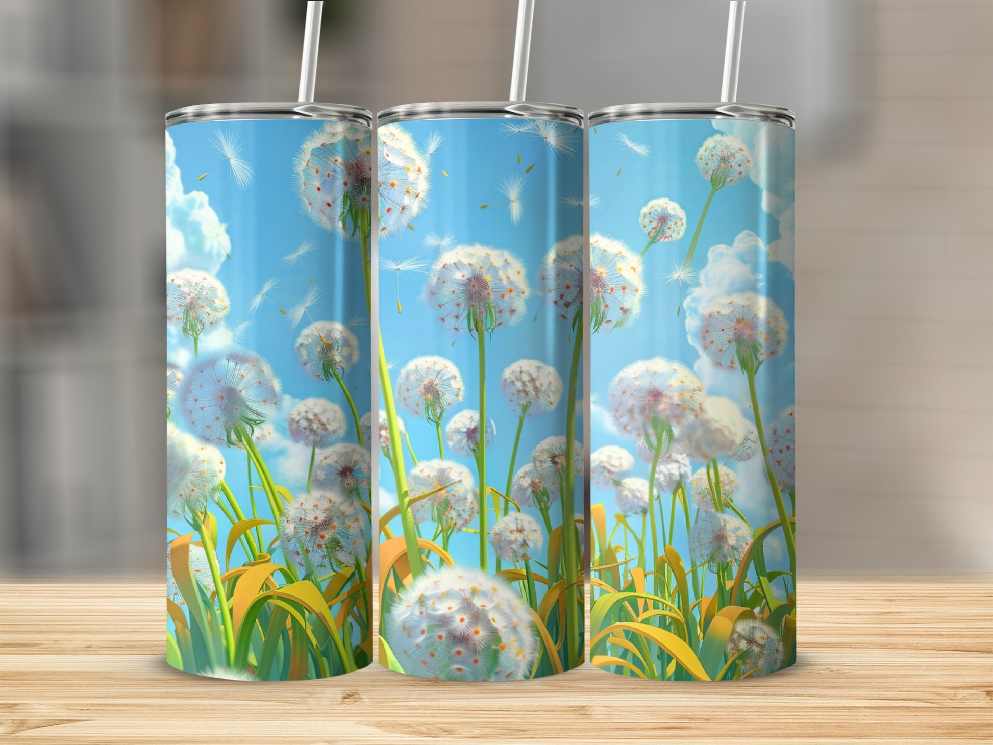 Three tumblers with dandelion seeds blowing in a blue sky with clouds.