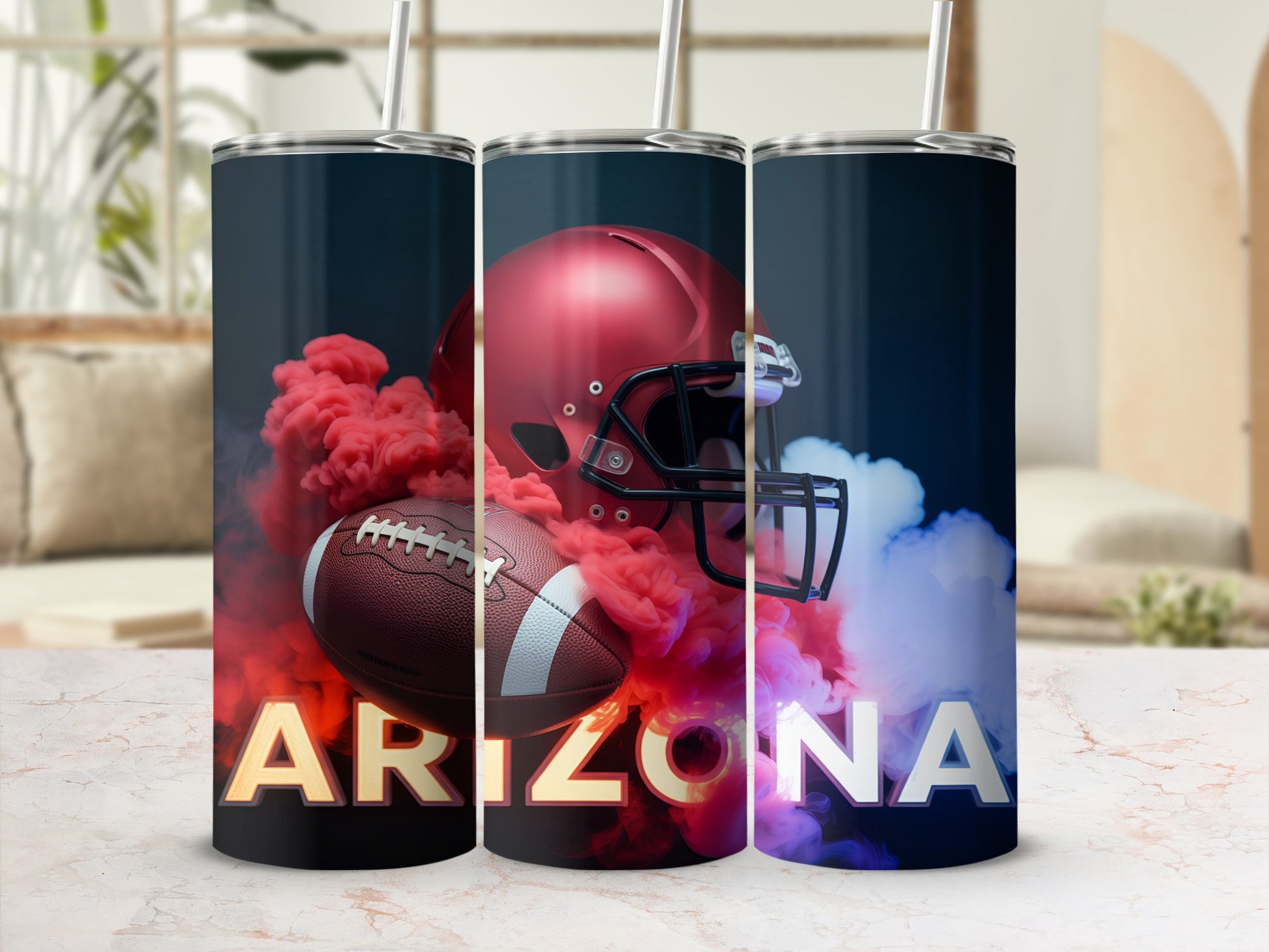 Tumbler with American football helmet, ball, and Arizona text against smoky background.