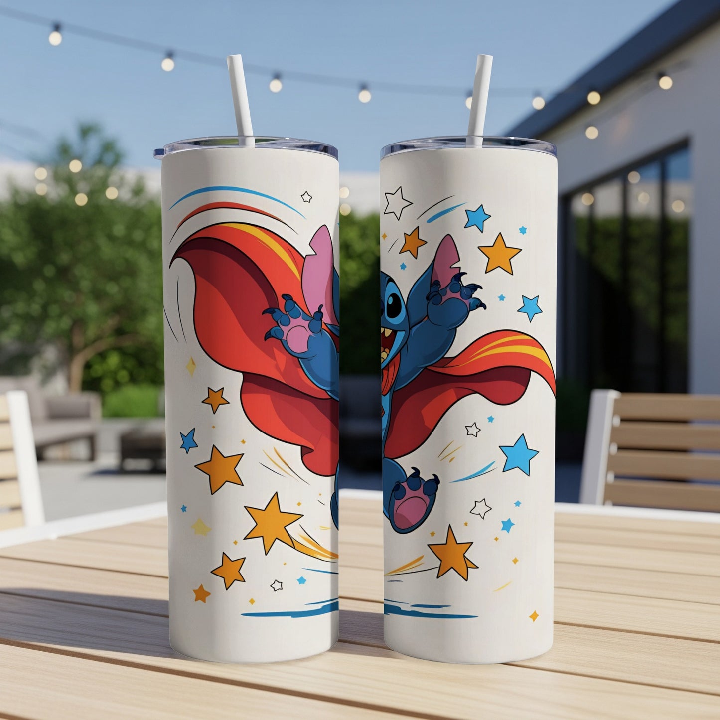 Stitch in superhero costume with stars on a white tumbler with straws.