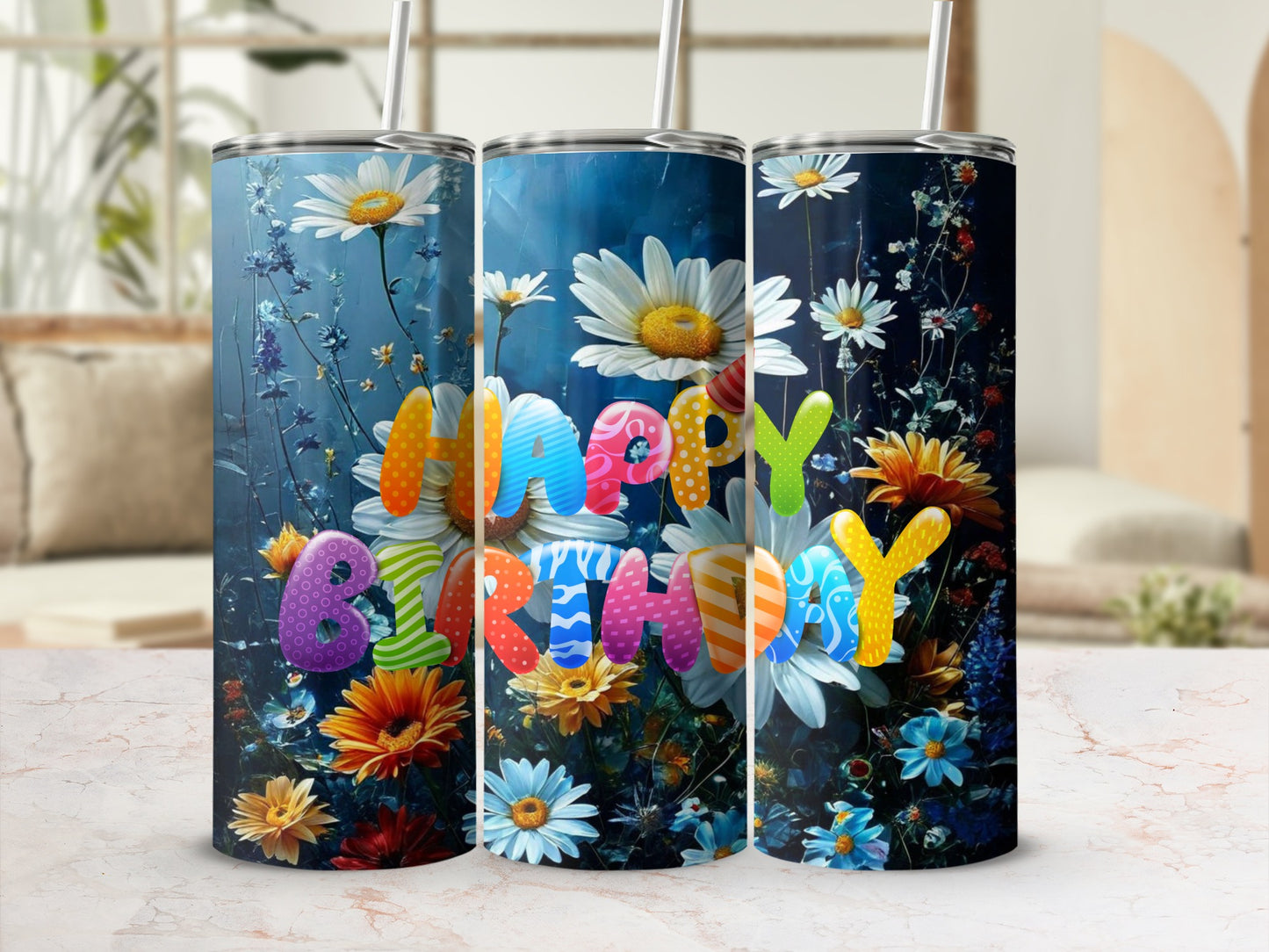 "Happy Birthday" text on a floral background with daisies and colorful flowers.