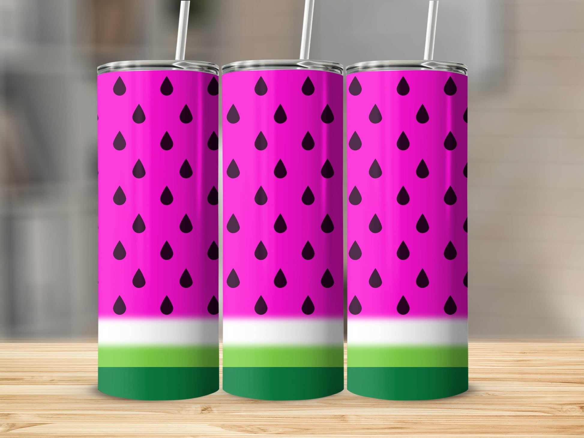 Three tumblers with a pink watermelon rind pattern and green base.