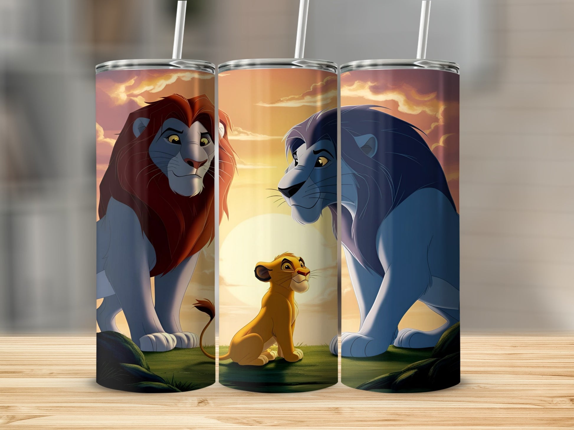 Simba, Mufasa, and Scar lions from The Lion King on a sunset background.