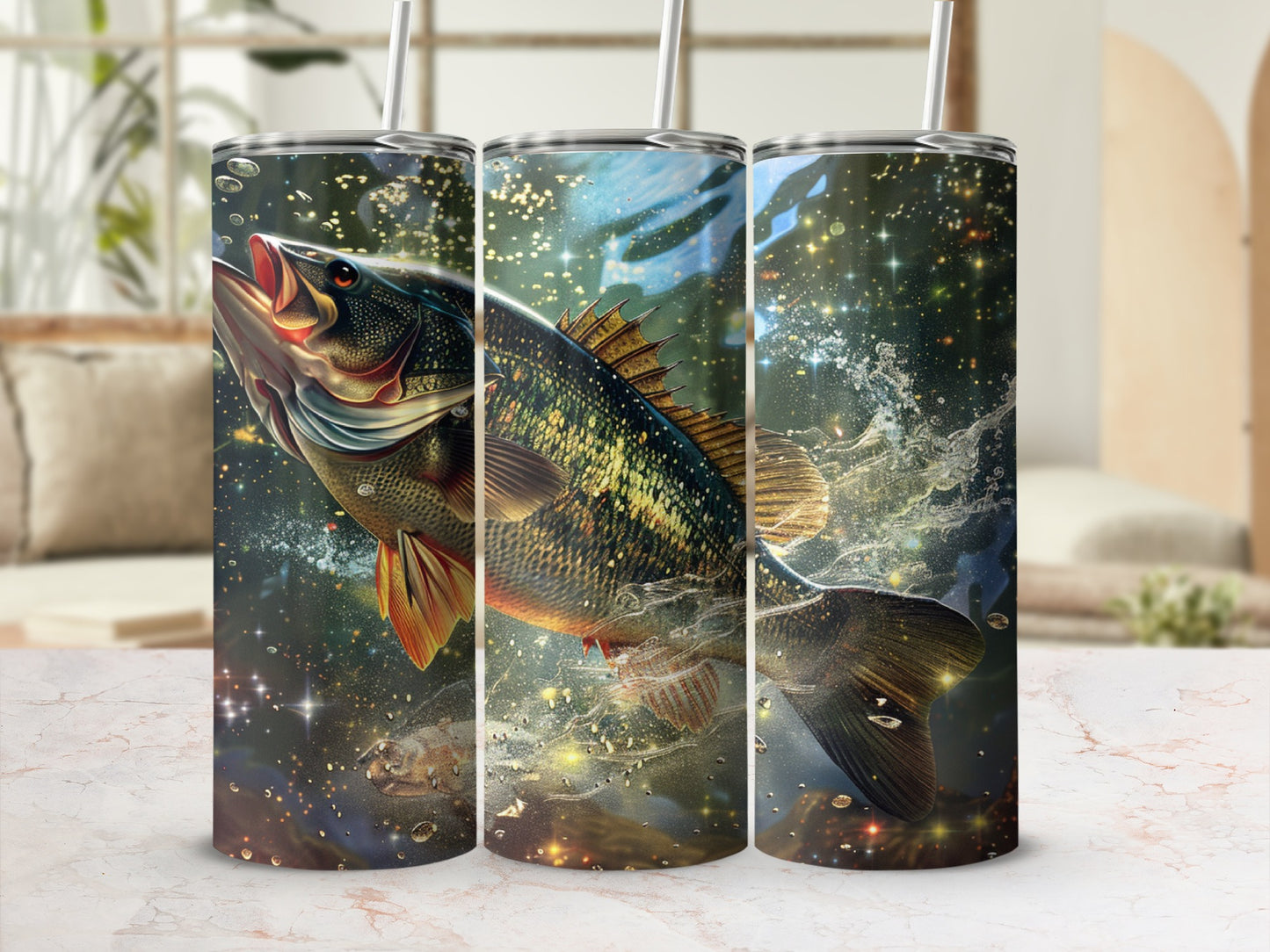 Largemouth bass jumping from water with sparkling starry background.