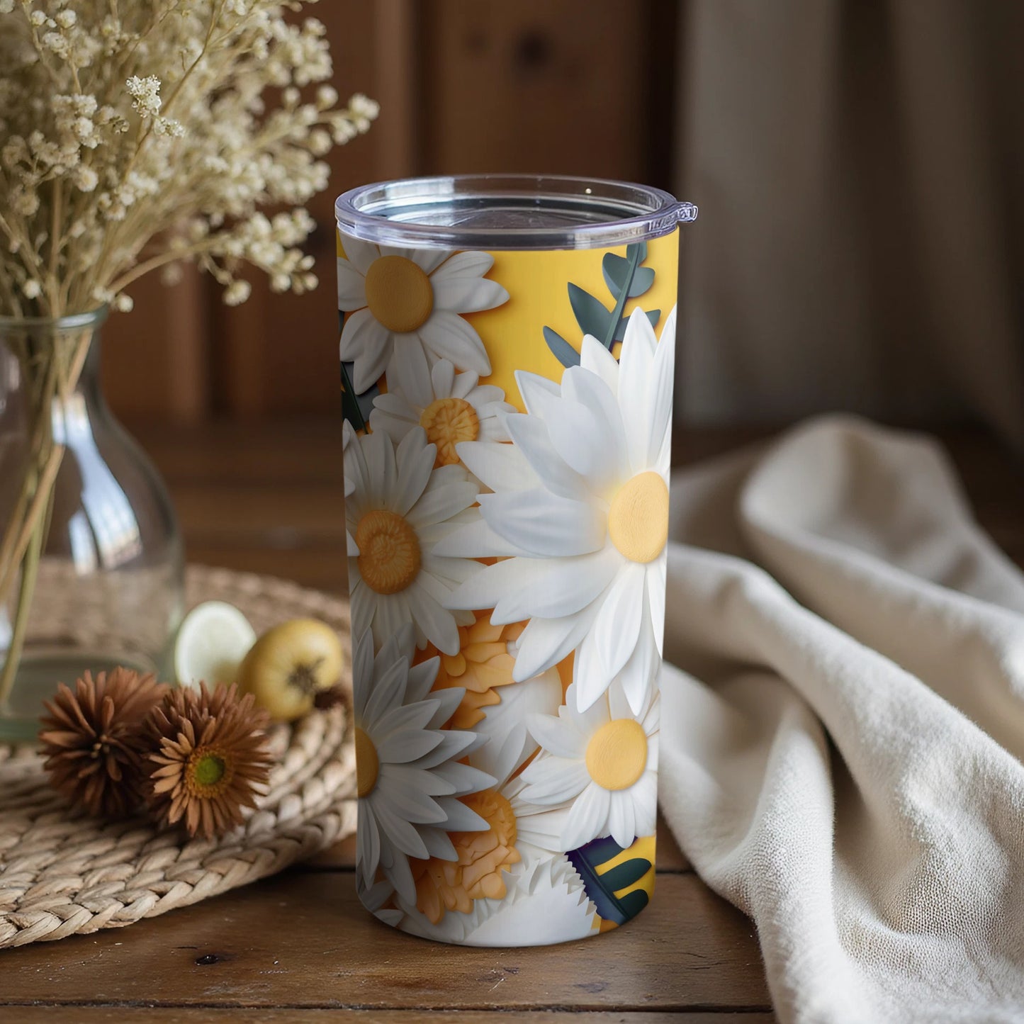 Bright Yellow Daisy Floral Print Insulated Tumbler Cup