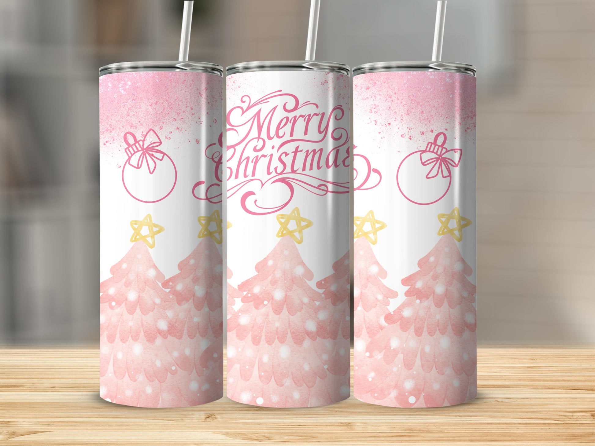 Merry Christmas Pink Christmas Tree with Stars Tumbler