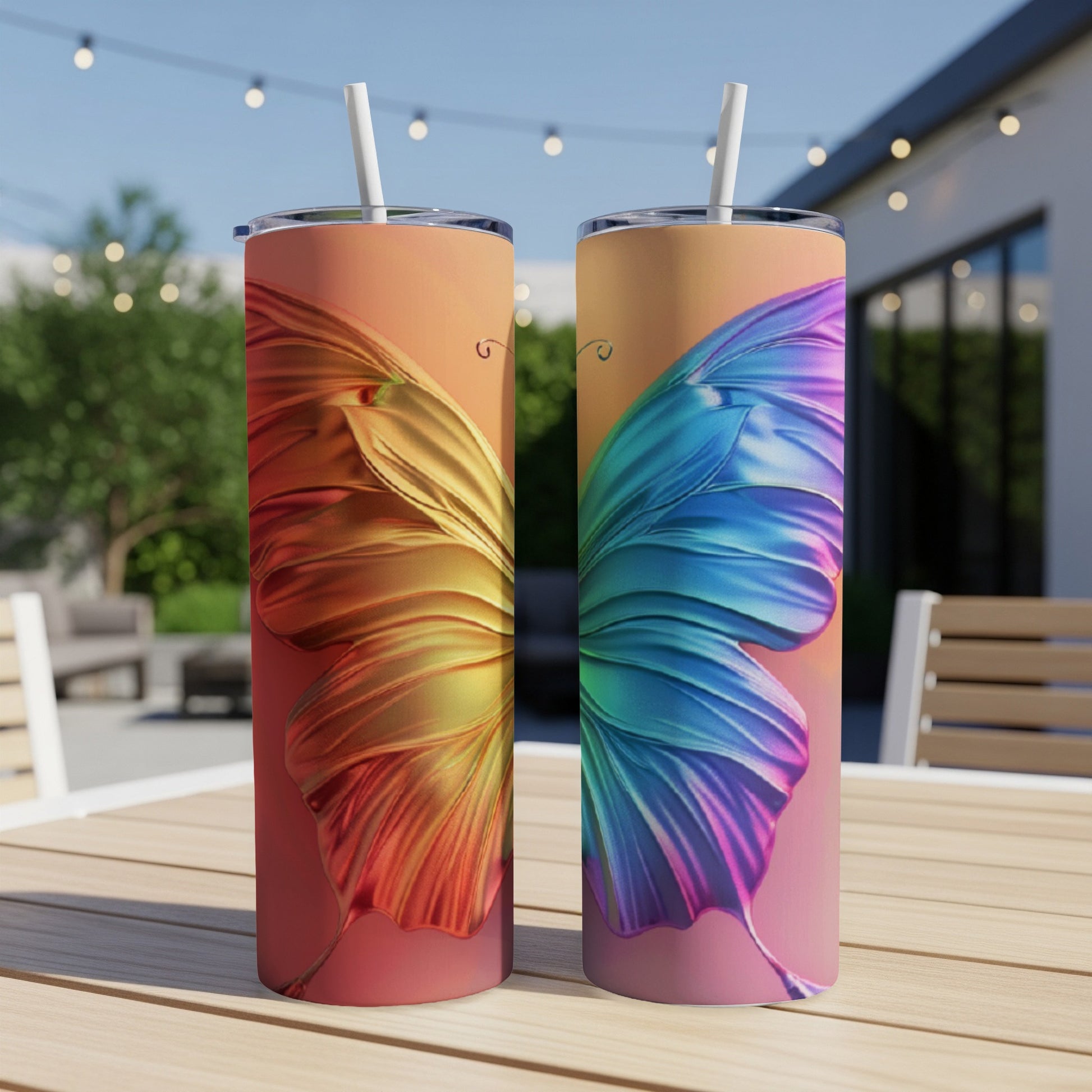 Two tumblers with iridescent butterfly wing designs in vibrant colors.