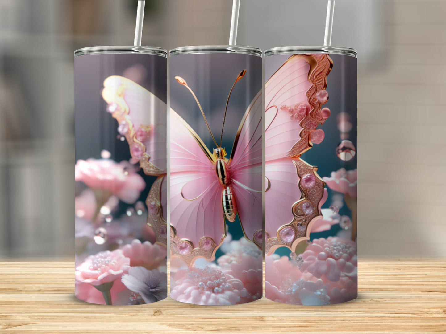 Pink butterfly with flowers and bubbles on a tumbler.
