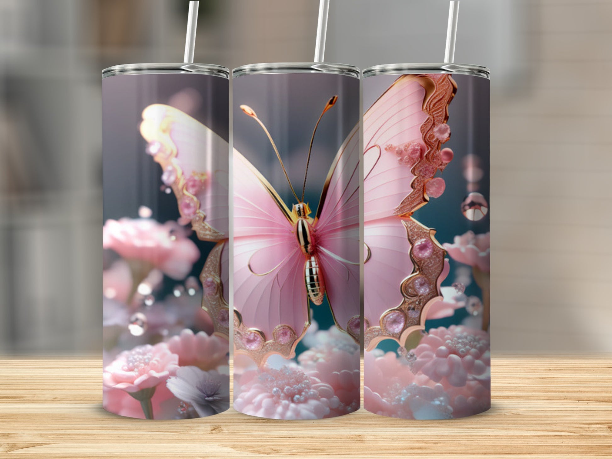 Pink butterfly with flowers and bubbles on a tumbler.