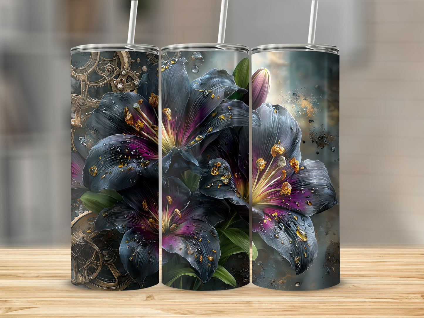 Stunning Floral Fantasy Art on Tall Tumblers