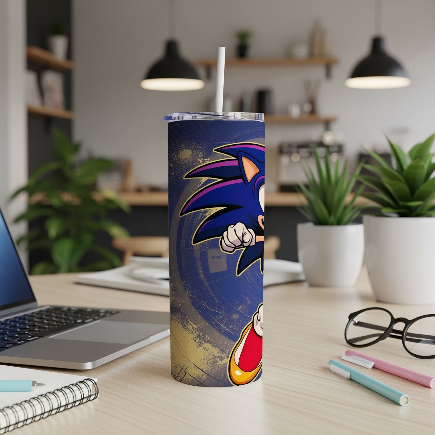 Sonic the Hedgehog character on a blue and gold tumbler.