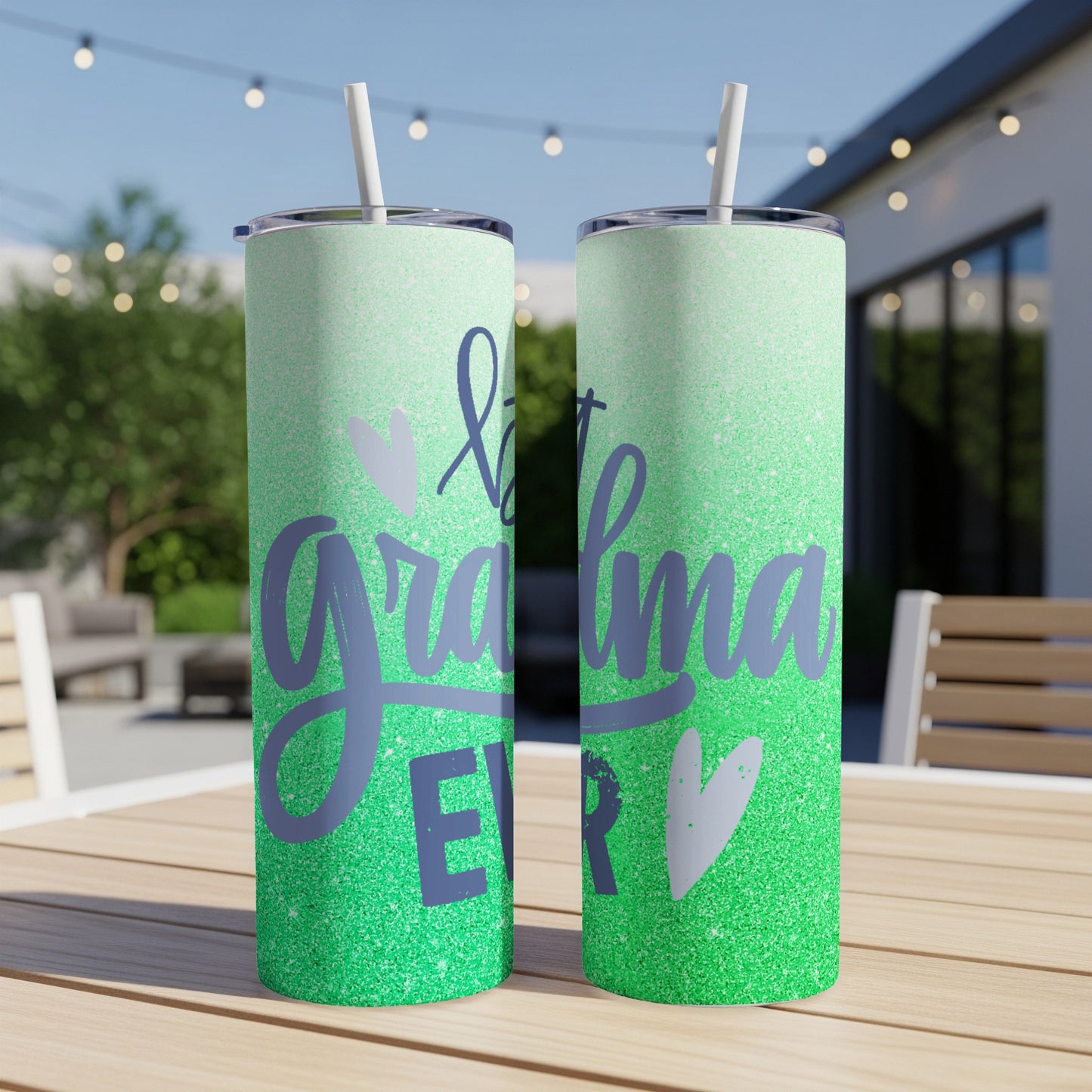 Glittery green tumbler with "best grandma EVER" text and heart design.