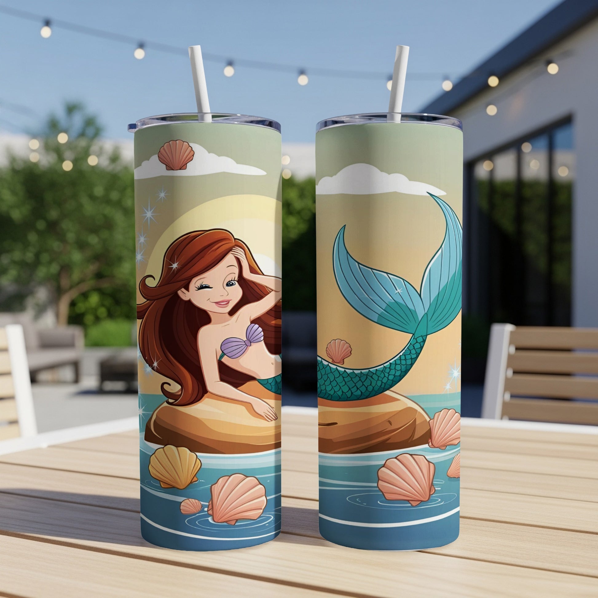 Two tumblers with a mermaid illustration on a wooden table.