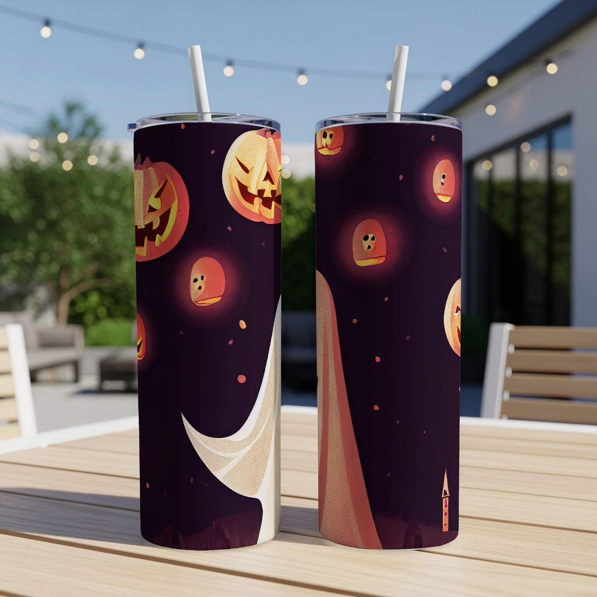 Two tumblers with Halloween designs, featuring jack-o'-lanterns and ghosts on a dark background.