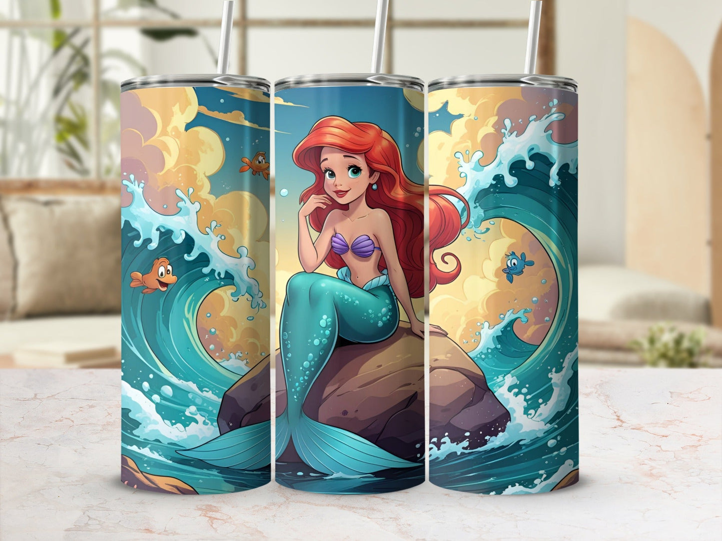 Tangled's Ariel sits on a rock in a splashy ocean wave with fish.