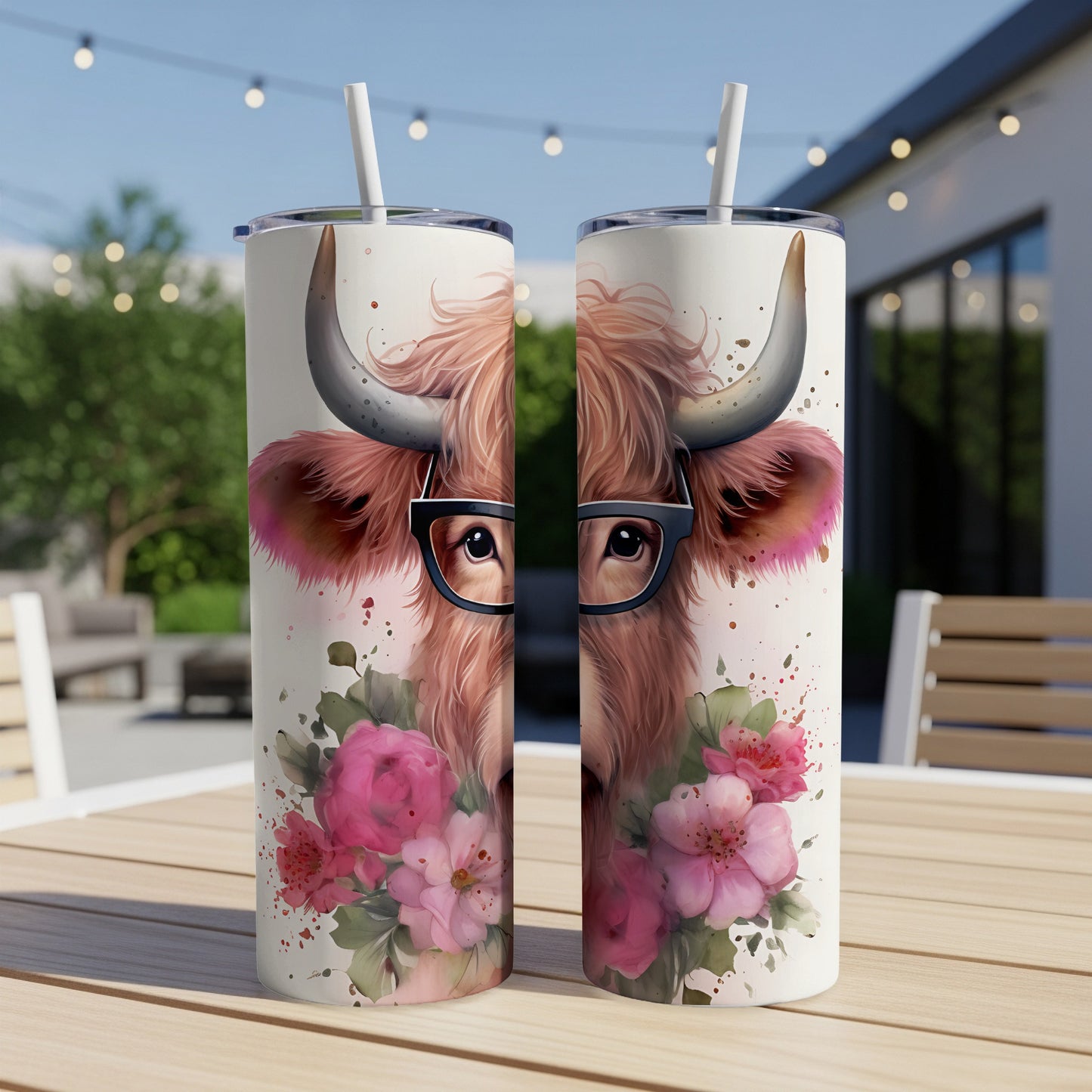 Watercolor Highland cow with glasses and pink flowers on a tumbler.