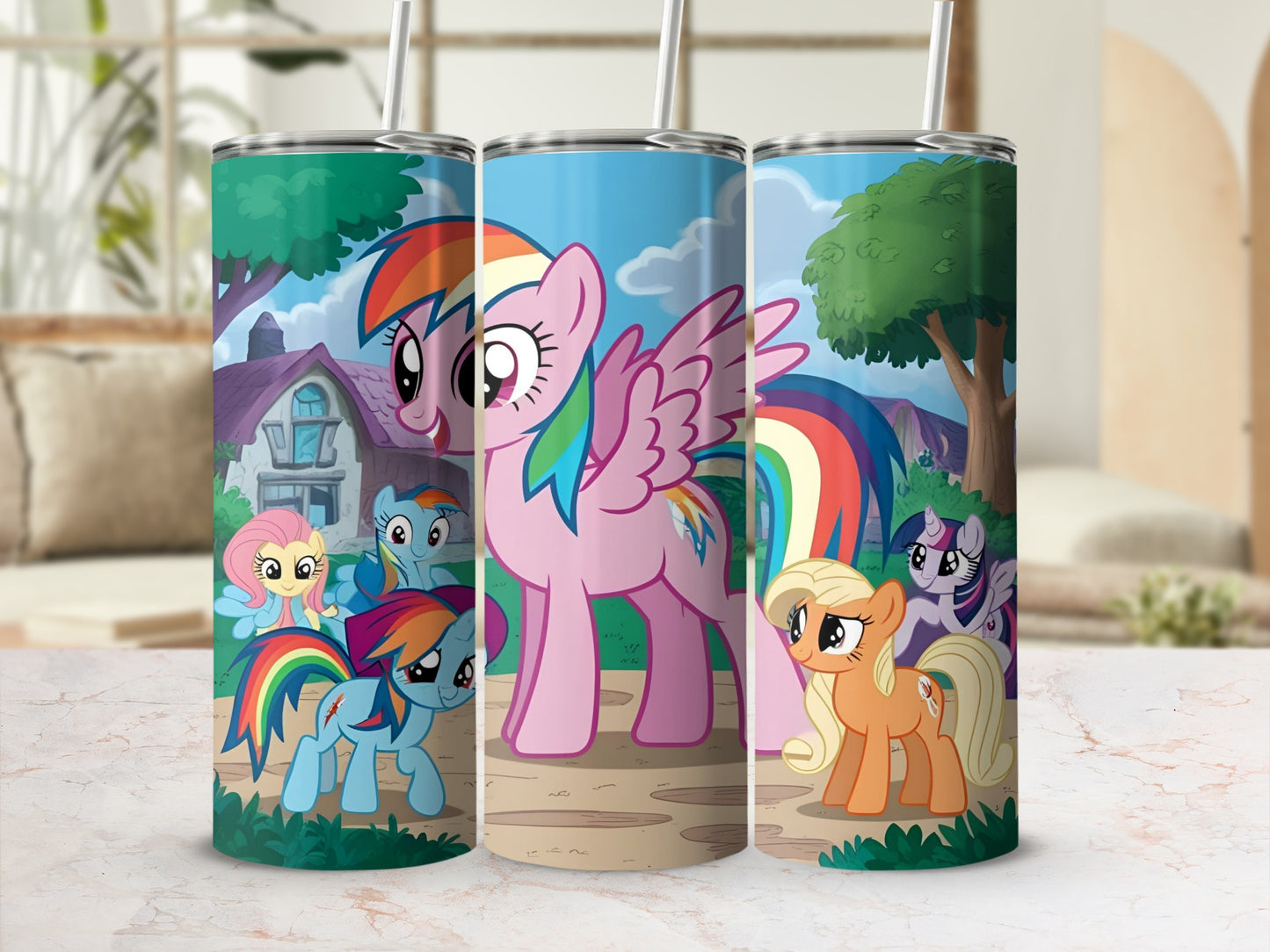 Rainbow Dash and friends on tumblers, cartoon ponies in a sunny outdoor scene.