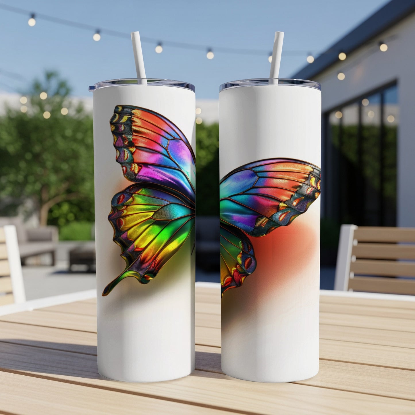 Two white tumblers with a colorful butterfly wing design.