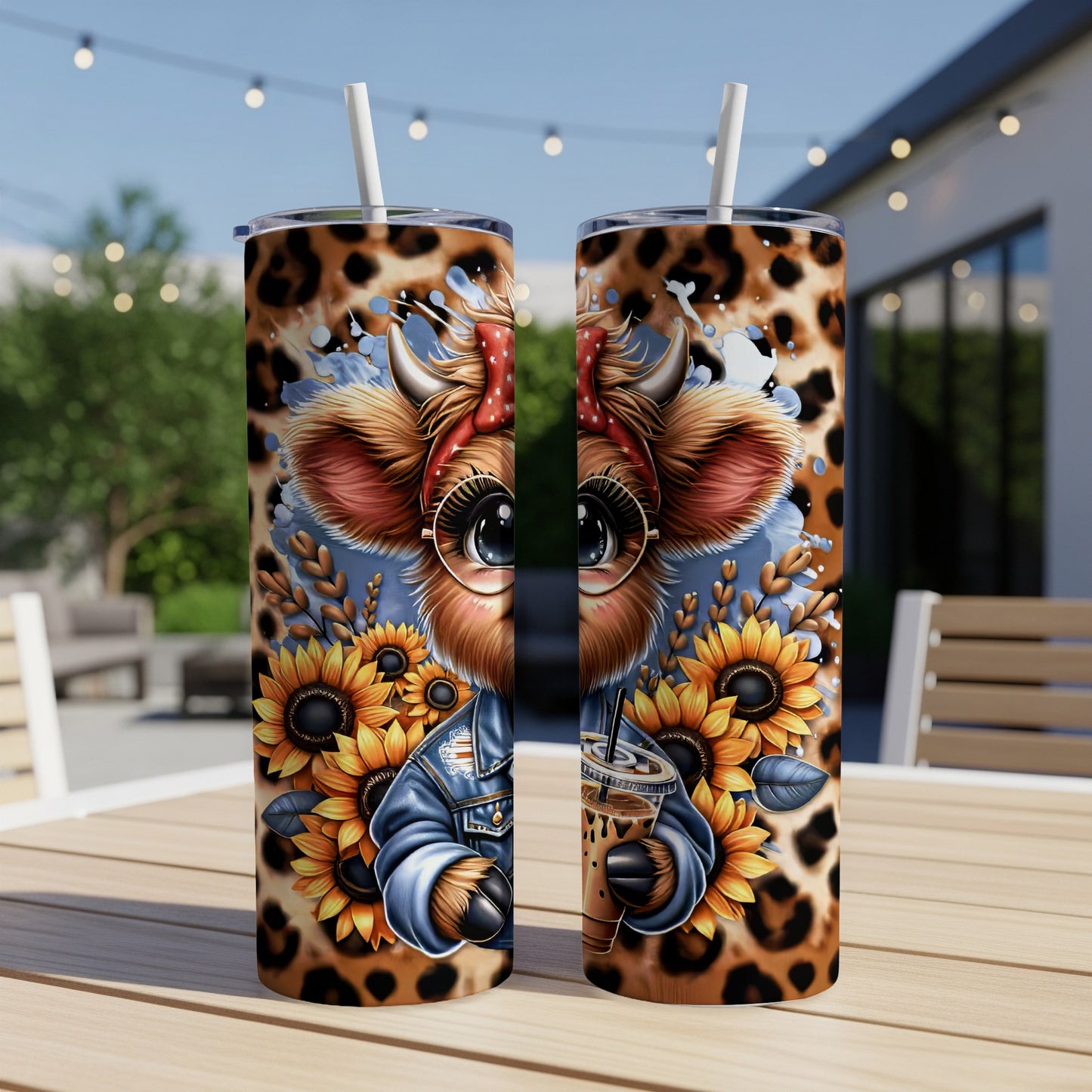Cow wearing bandana and glasses holding iced coffee with sunflowers.
