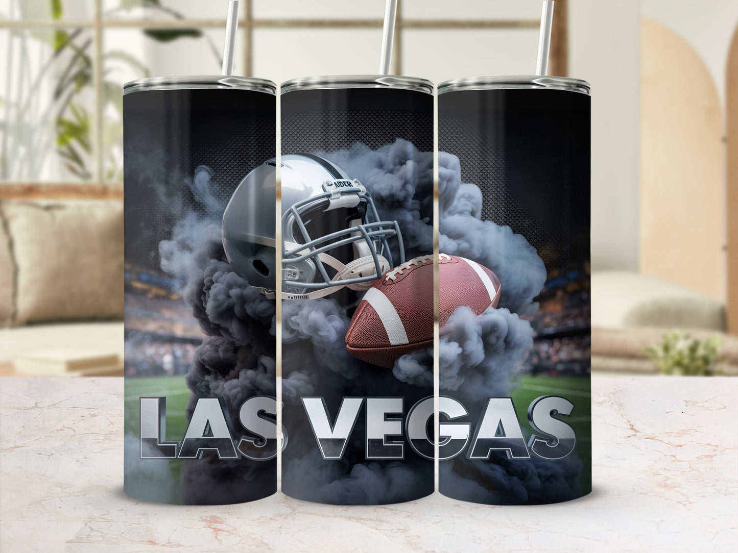 Las Vegas Raiders football tumbler with helmet and ball surrounded by smoke.