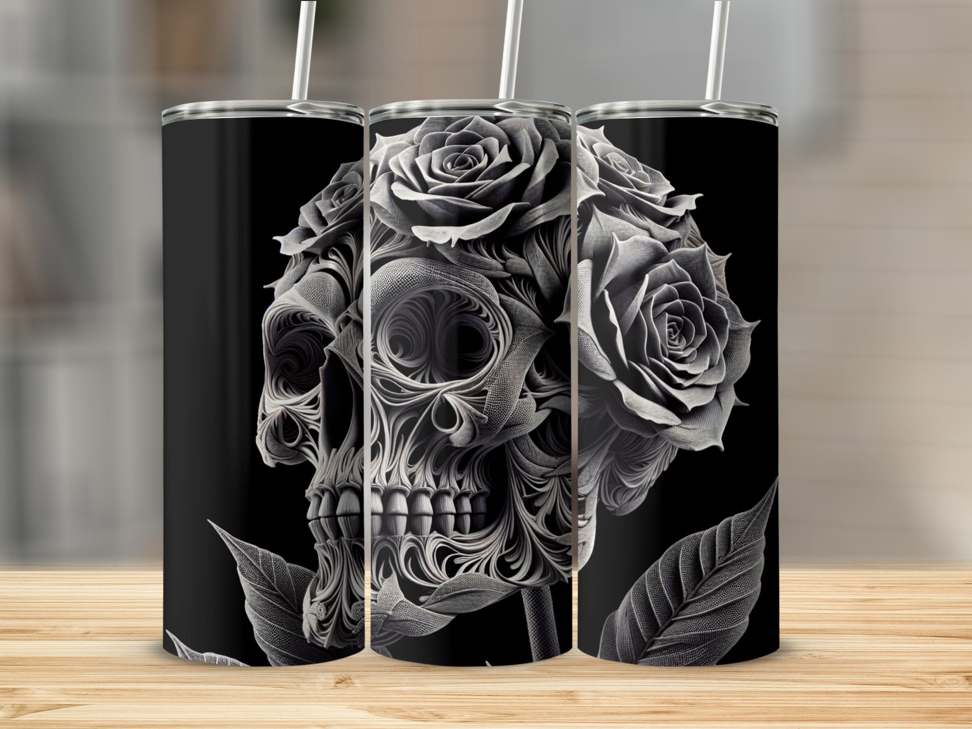 Black tumbler with skull and roses design.