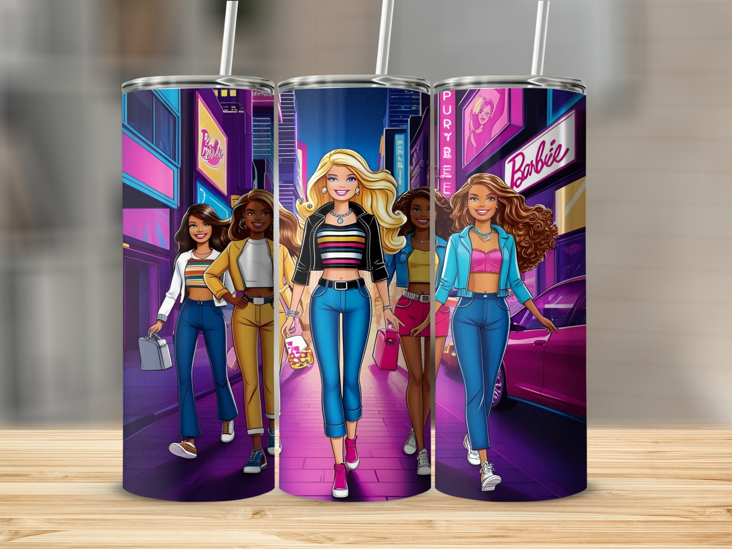 Barbie characters walking down a neon-lit city street at night.