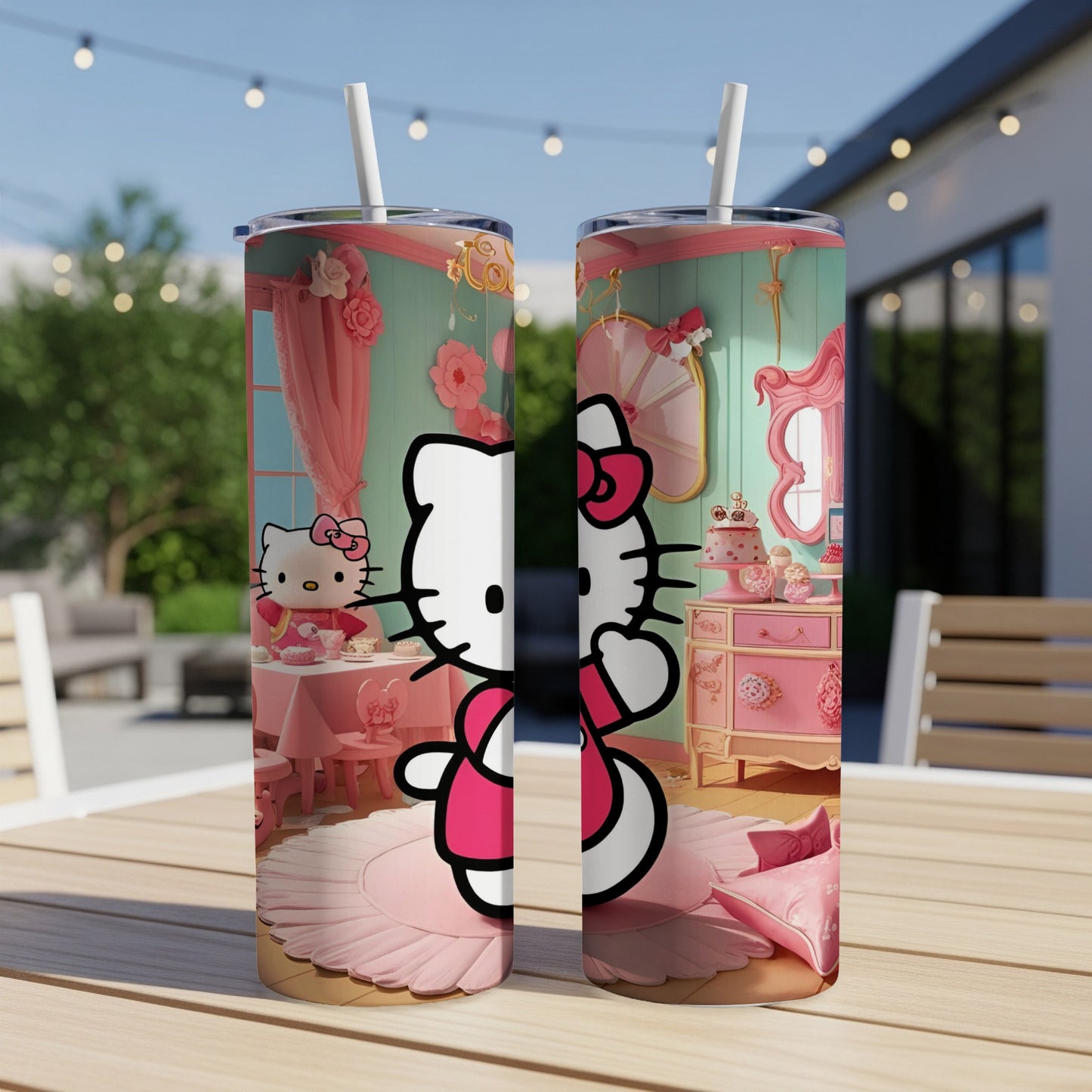 Hello Kitty tumbler with pink bedroom scene on a table.
