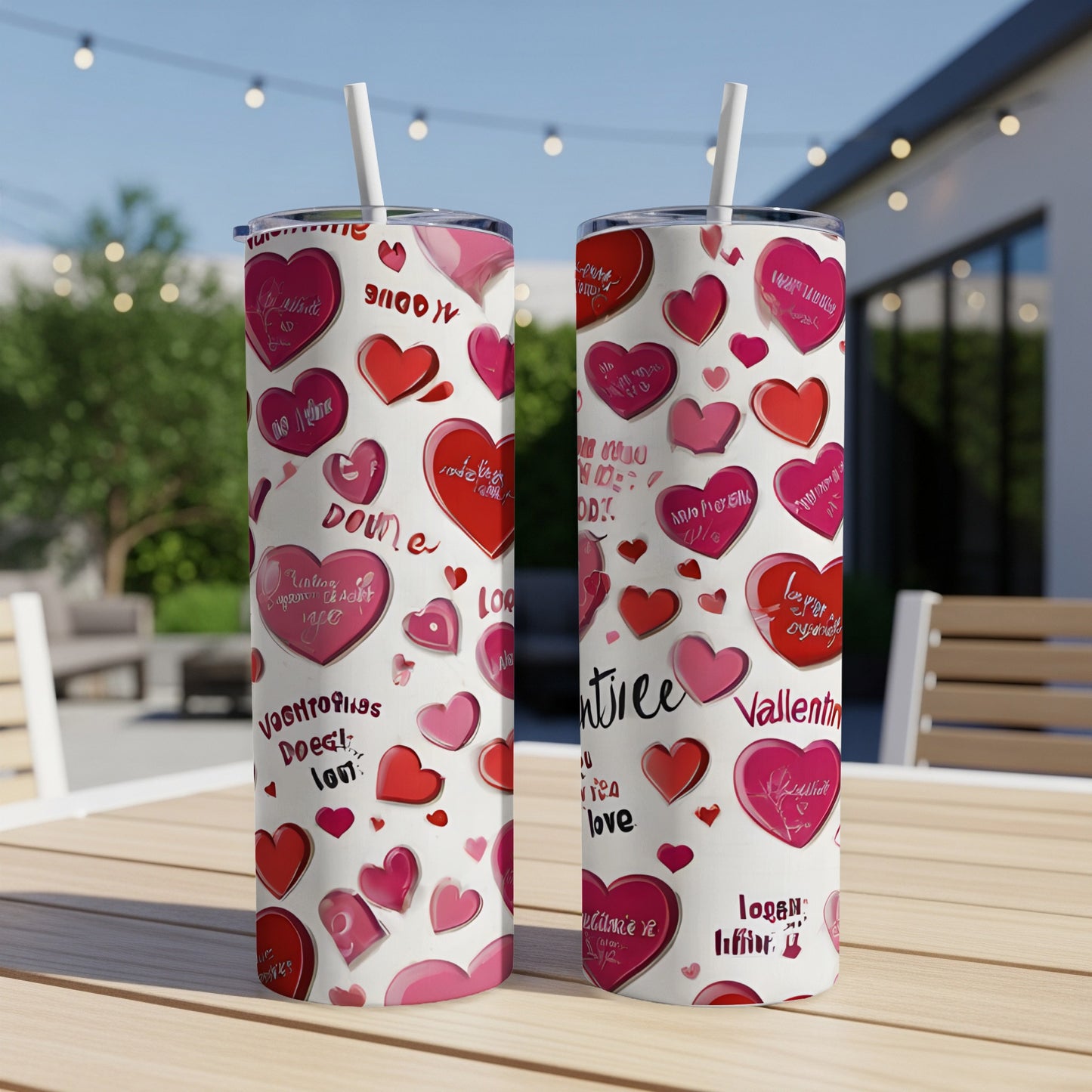Two Valentine's Day themed tumblers with red and pink heart patterns on a table.
