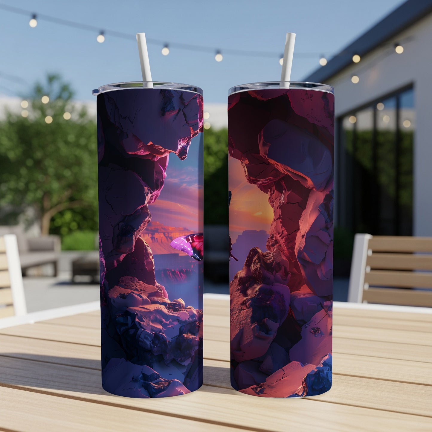 Two tumblers featuring a surreal cave landscape with a glowing purple object.