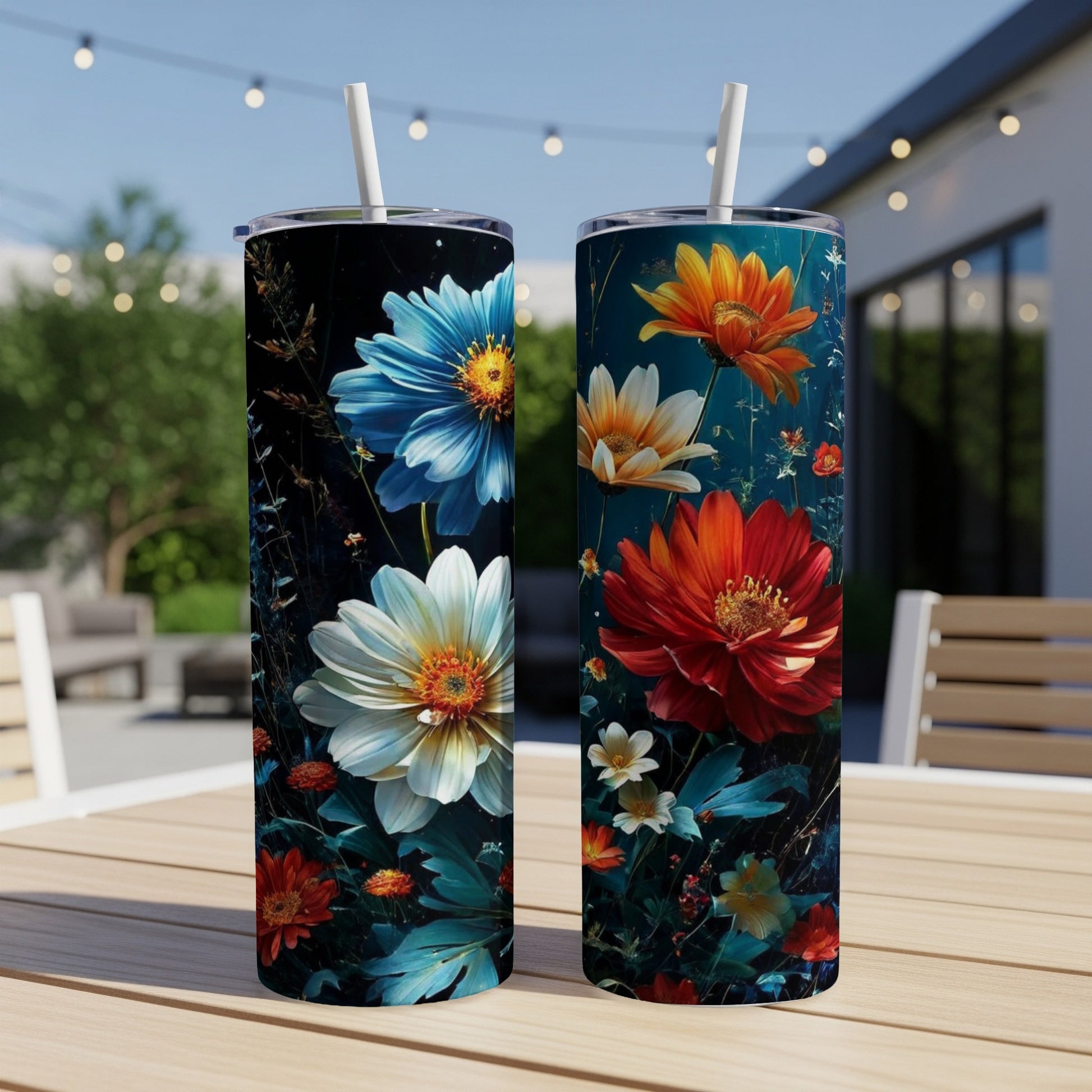 Two tall tumblers with vibrant floral designs featuring large white and blue flowers.