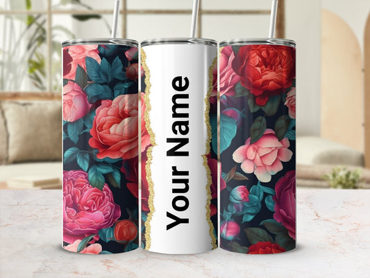 Personalized Floral Design Tumbler with Straw