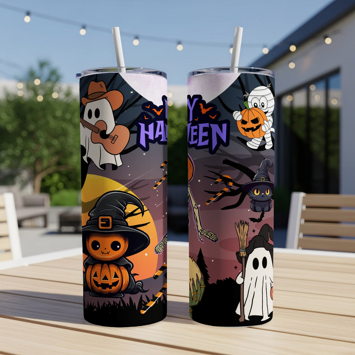 Two tumblers with Halloween-themed designs featuring ghosts, pumpkins, and a black cat.