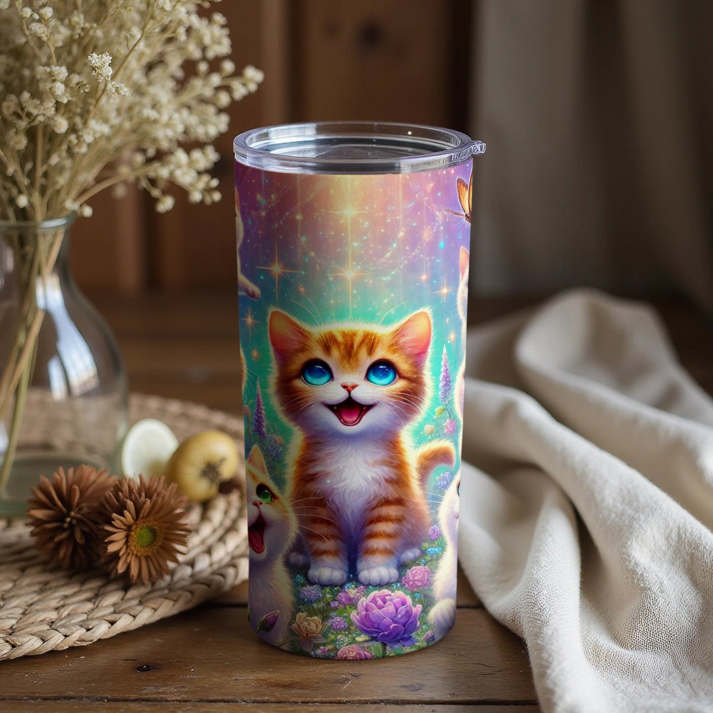 Cute Cosmic Kitten Artwork Travel Tumbler Cup