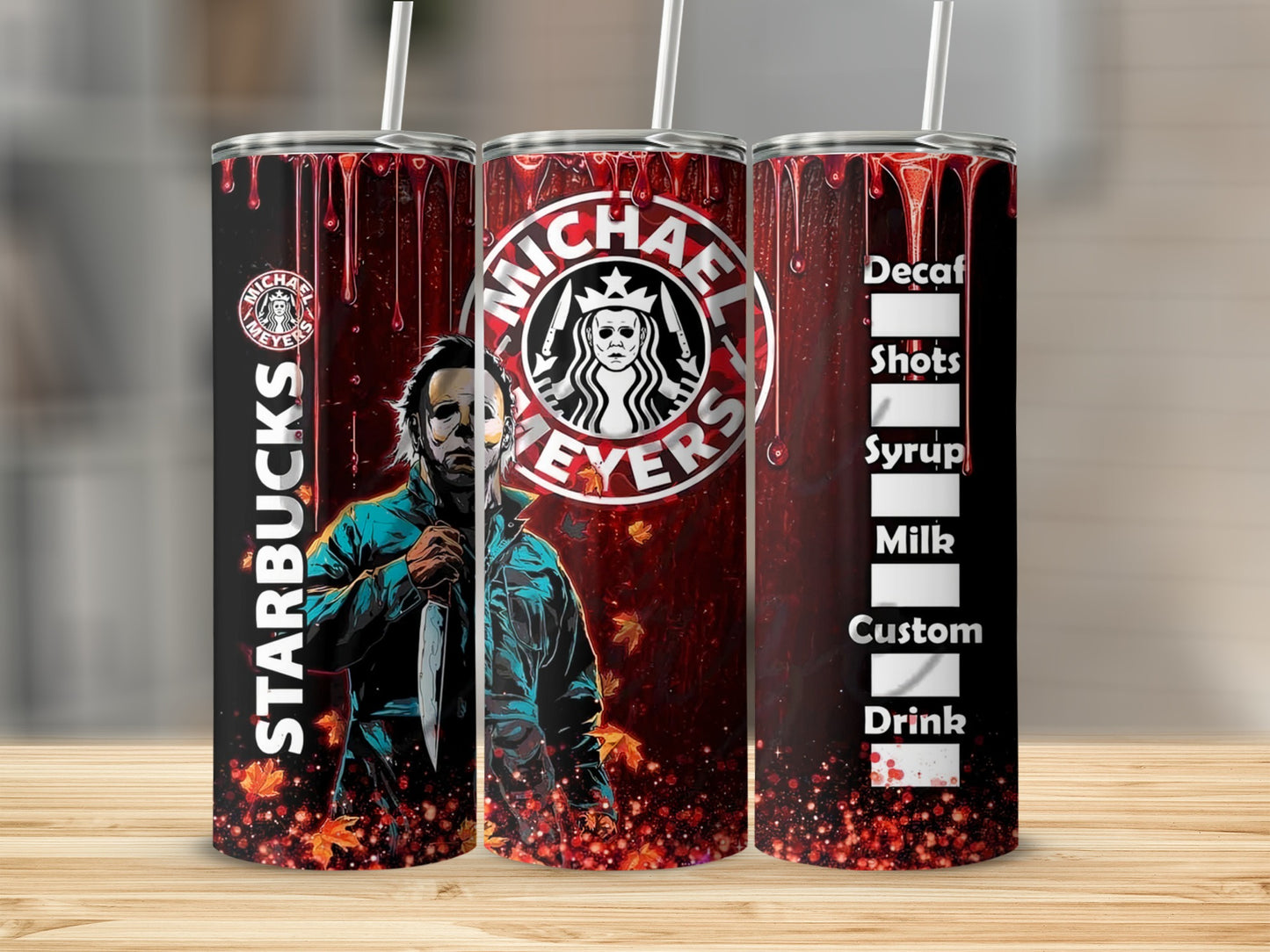 Michael Myers Starbucks-themed tumbler with drink customization options.