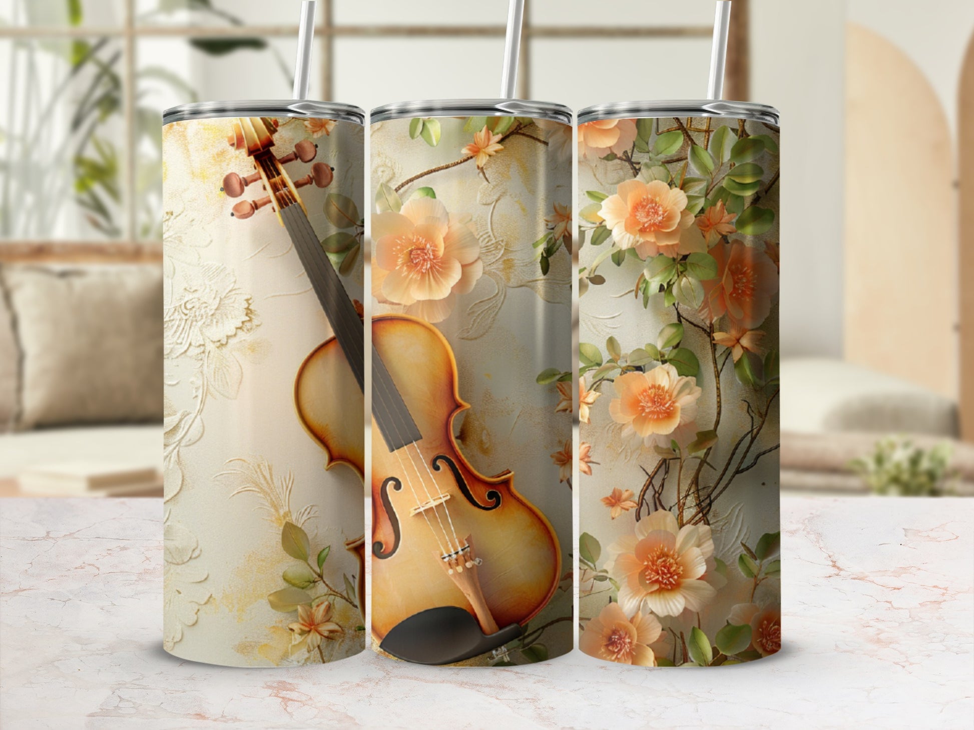 Violin and peach blossoms design on a tumbler with straws.